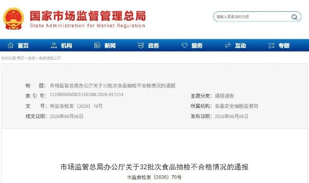 32批次食品抽检不合格！